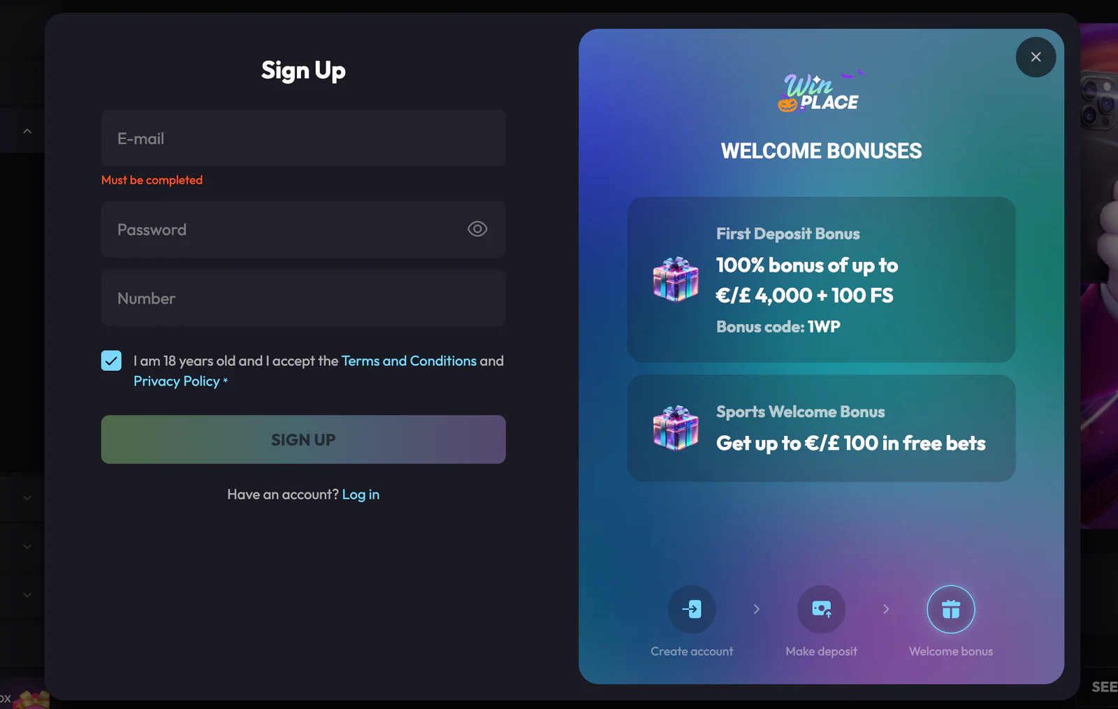 WinPlace Casino account registration and sign-up form